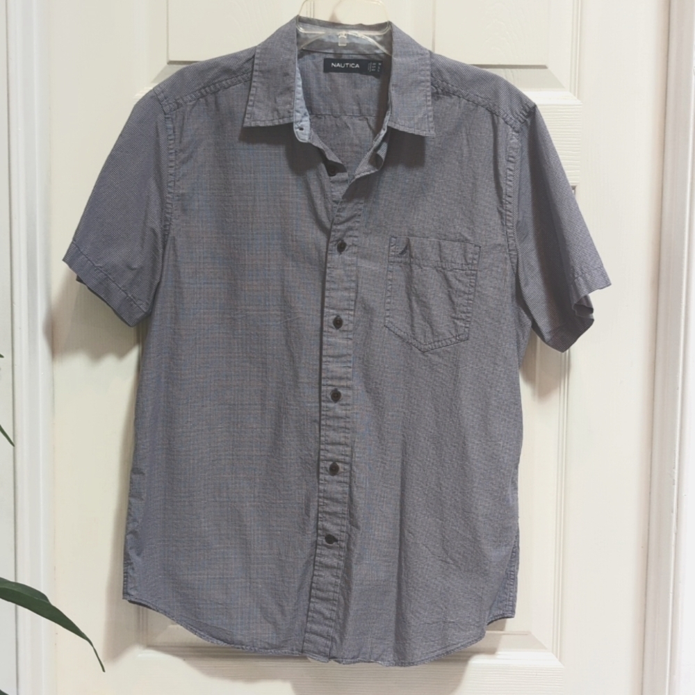 Nautica Men's Short Sleeve Button Down Blue/Gray Checkered Shirt Size Medium